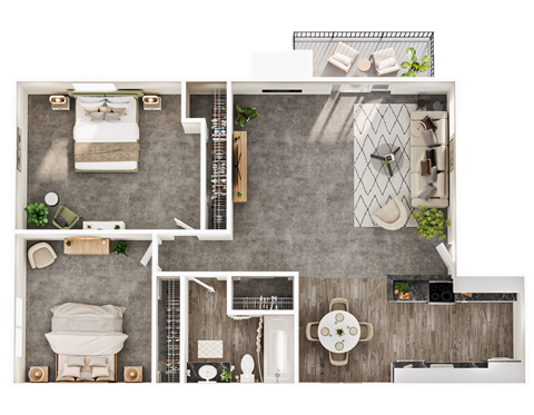 Floor plan for 2 beds, 1 bath, 950 sqft
